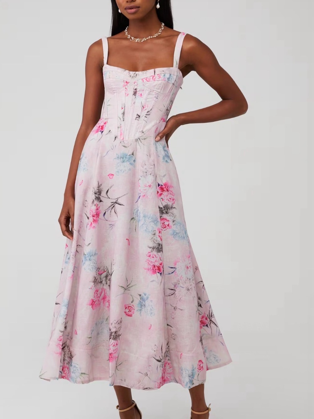 Bardot Floral Pink Corset-Style Midi Dress Adaline Corset Midi Dress R8